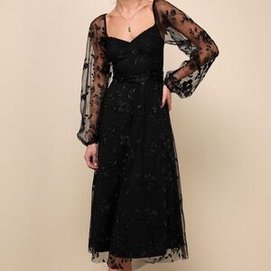 Lulu's Elegant Black Embroidered Midi Dress